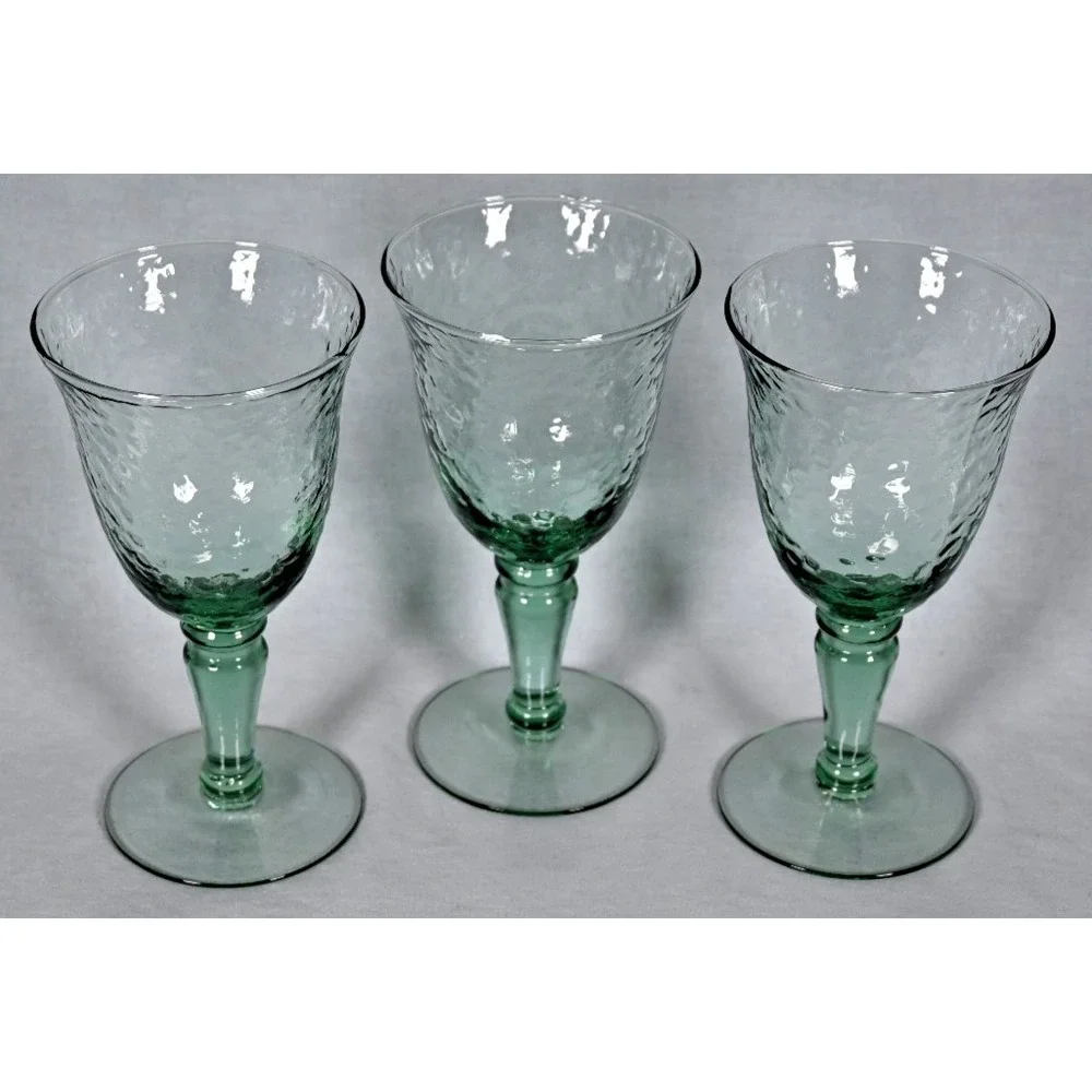 Set of 3 Green Hammered Glass Goblets Water Wine Glasses 7